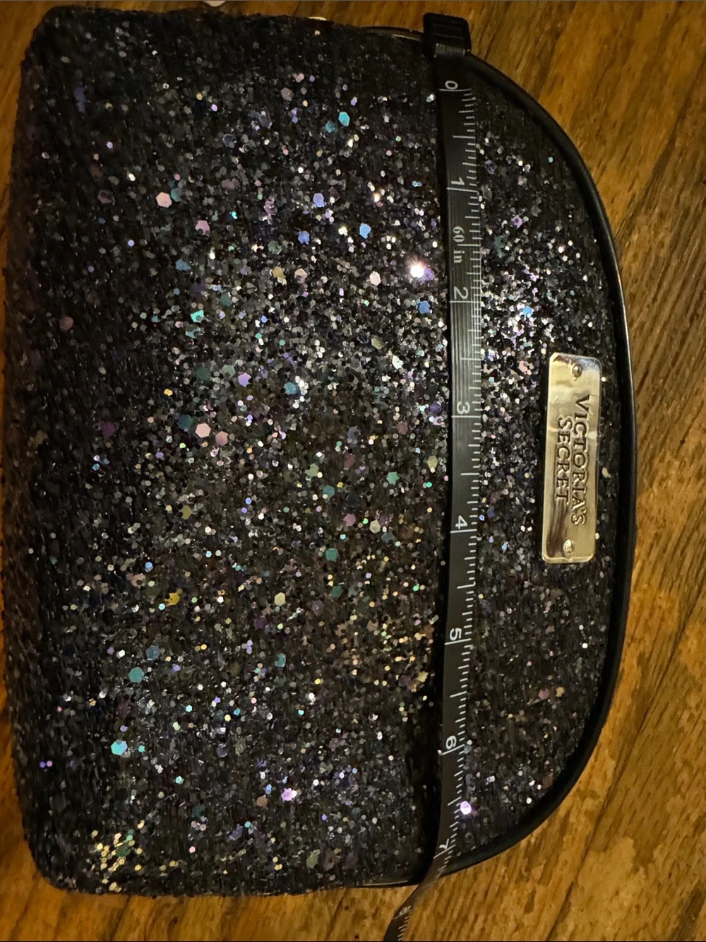 Victoria's Secret Black Sequin Makeup Pouch with Logo Plate - NWT